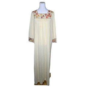 Vintage 60s Maxi Nightgown Womens Size XL Beige Long Sleeve Floral Boho